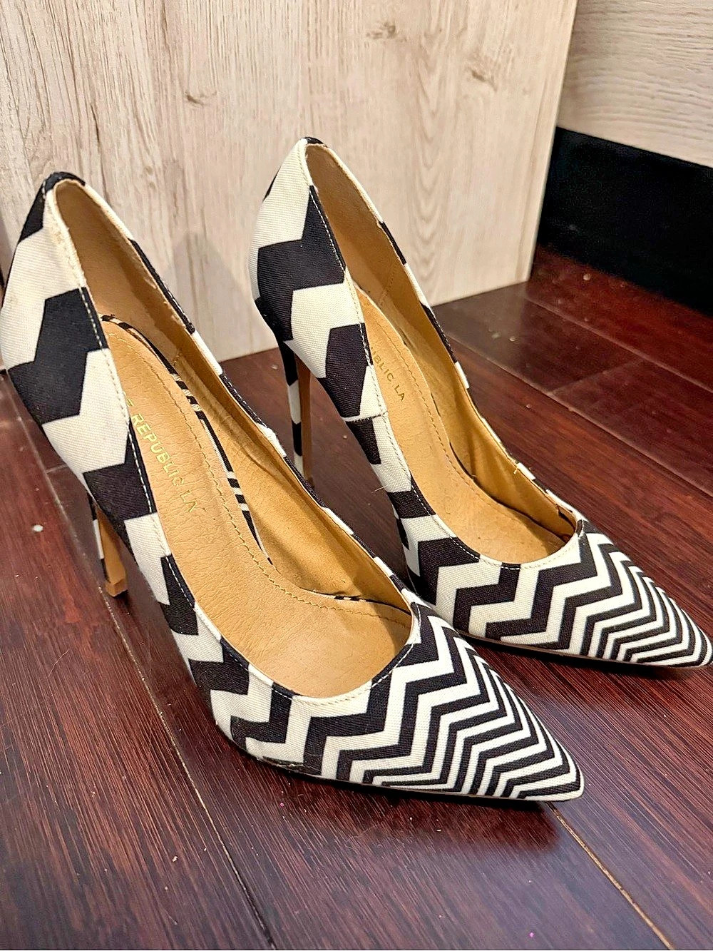 Shoe Republic LA Black & White Geometric Heels